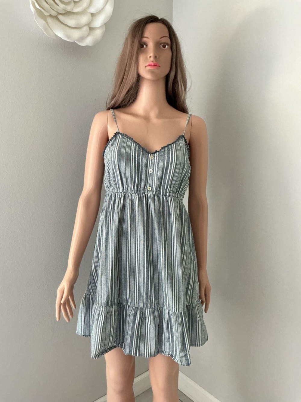 Derek Heart Blue and White Striped Spaghetti-Strap Mini Dress